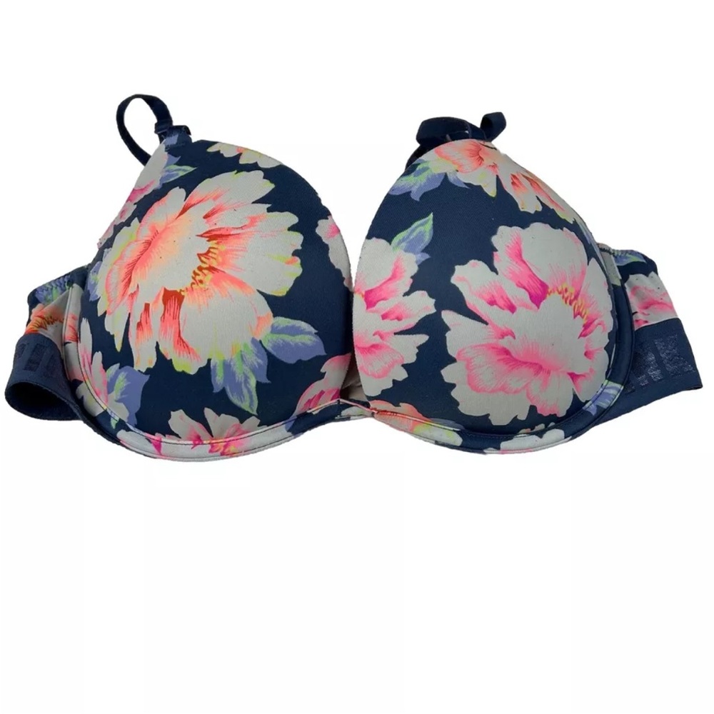 PINK Victorias Secret 34C Super Pushup Bra Adds 2 Cups Floral Blue Yellow #3317